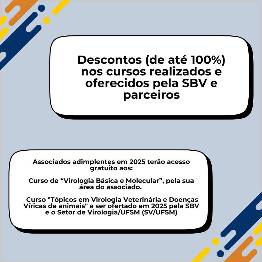 Imagem destacando descontos em cursos da SBV para associados em 2025, incluindo 'Virologia Básica e Molecular' e tópicos em virologia veterinária.