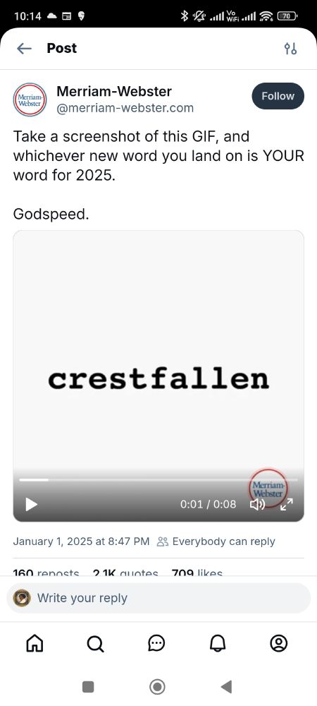 Screenshot of merriam.webster bsky post with a gif paused on the word 

Crestfallen