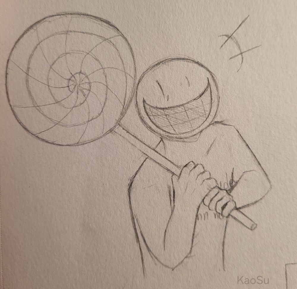 Bluudud facing the right and looking up at the camera. He's holding a giant lollipop over his left shoulder.