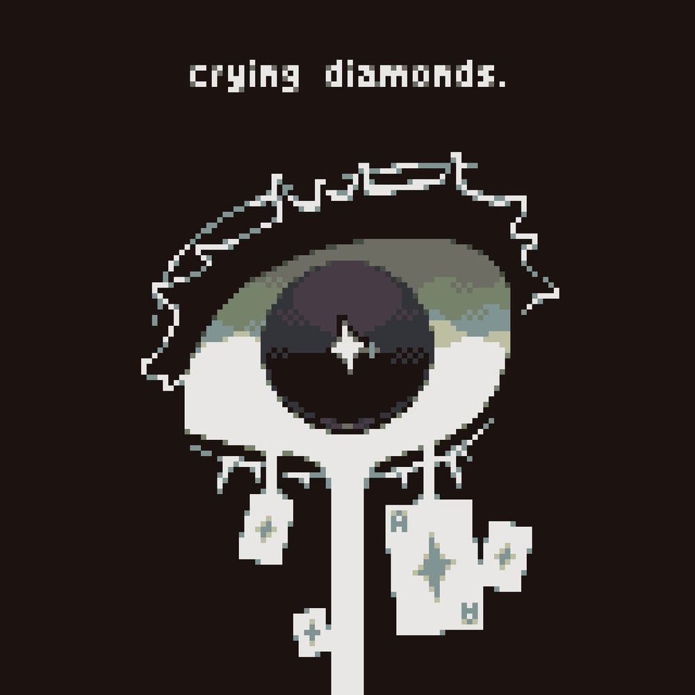 Pixel art of eye with rhombus-shaped pupil crying tears of diamond-suit playing cards. Based on name of small band.