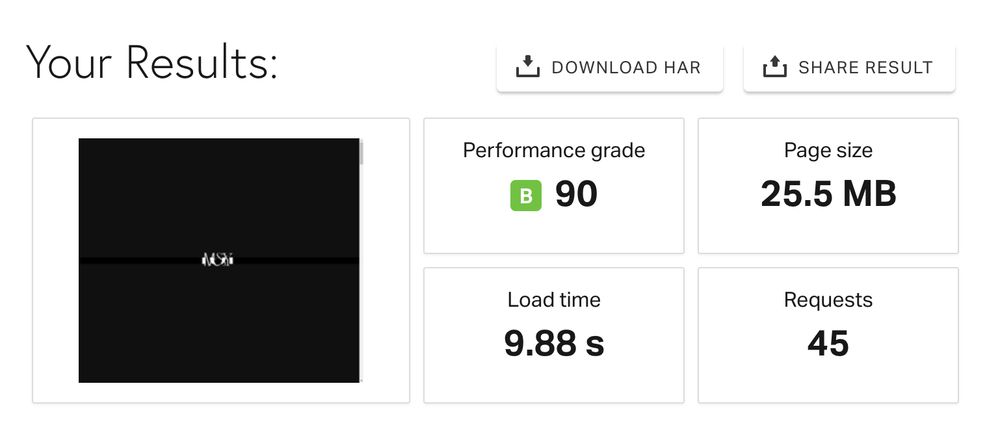 Screenshot of a performance analysis of a website that says:
Performance Grade: B (90)
Page Size: 25.5 MB
Load Time: 9.88 s
Requests: 45