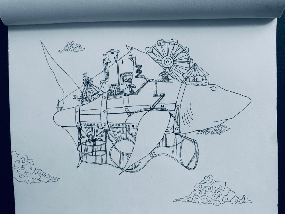 Amusement Park on a great white shark flying through the sky and clouds with a roller coaster attached under him and on top is The slingshot, Ferris wheel, Viking ship ride, haunted house ride, zip line, food carts and a game midway. The shark has a harness to bear the weight. This is a different world where cities and nature lives on giant aquatic animals that float through the sky. 