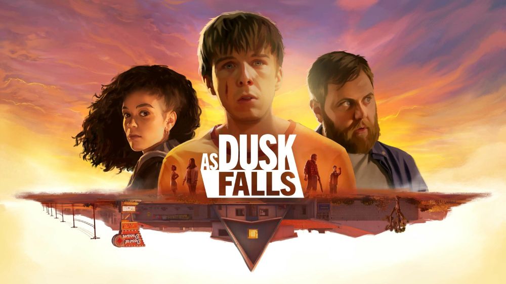 Promobild för As Dusk Falls där de tre huvudpersonerna står mot en bakgrund av en solnedgång. Texten "As Dusk Falls" i vit text är placerad mitt i bilden. Bilden har en nedtonad, nästan dyster stämning. 