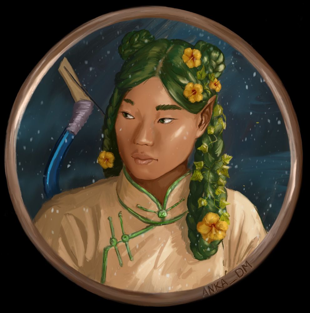 A D&D token of a half elf ranger based in Mongolian culture. She has brown skin, green monolid eyes, and green hair braided back from her face. There are yellow flowers growing in her hair. She's wearing a tan deel. She has a blue bow on her back. It is snowing behind her. She's looking to her right with a skeptical look.
