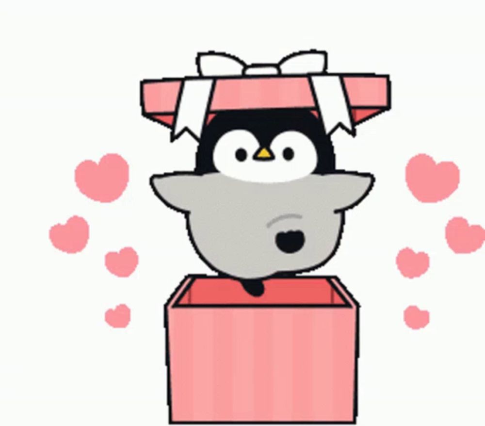 a penguin is sticking its head out of a pink box with hearts around it