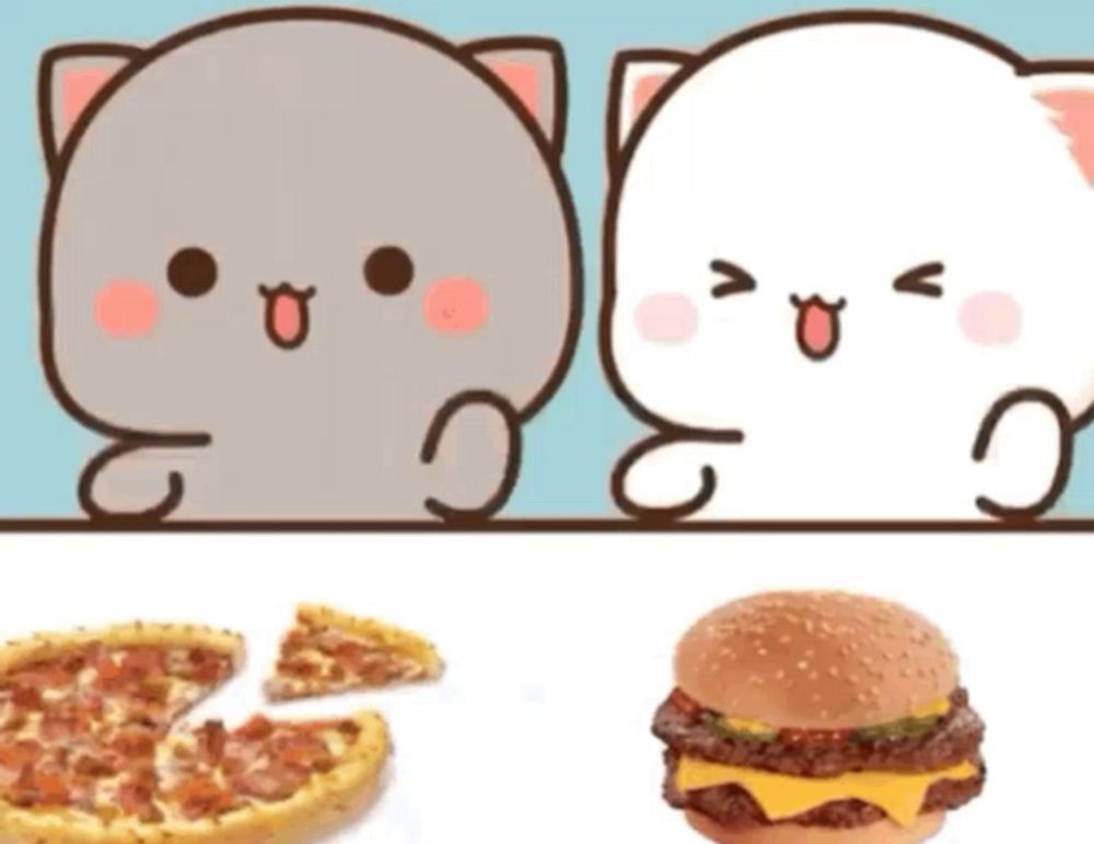 two cartoon cats are looking at a hamburger and pizza