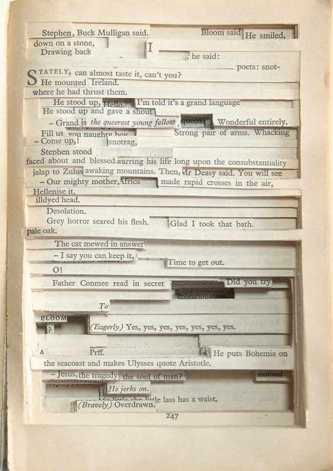 An old copy of James Joyce's book Ulysses sliced into so as to create a new narrative by the words left behind.