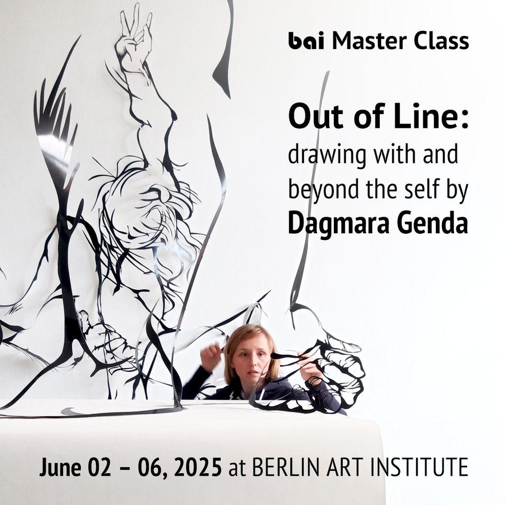 A photograph of a woman behind a large, contour, cut out if a hand with other cut out line drawings in the background.