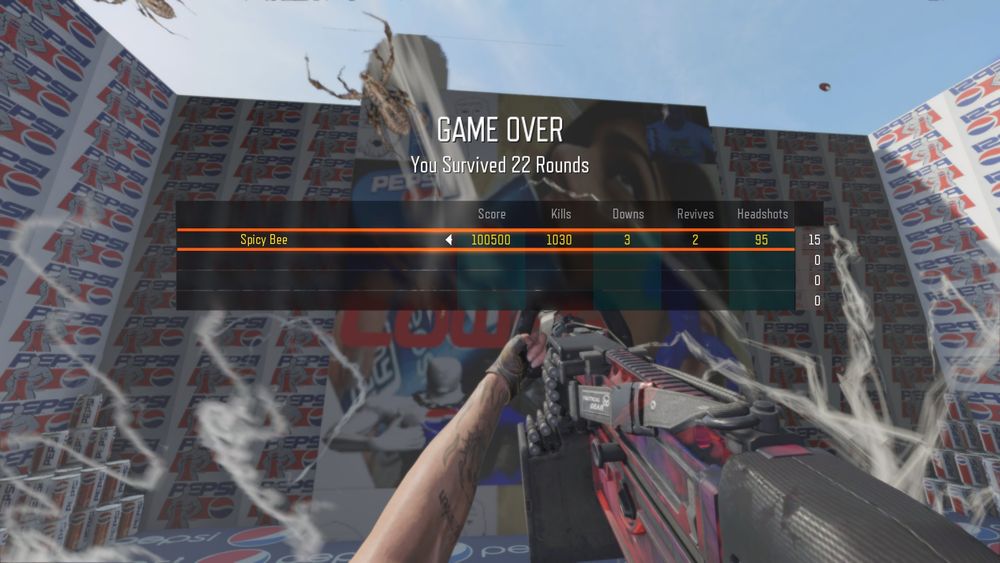The ending of a Black Ops 3 map named "Pepsi Tower", the screen is covered with various images of pepsi and a scoreboard, with the text "Game Over" "You Survived 22 rounds"