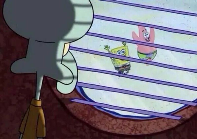 Squidward from SpongeBob Squarepants looking out of a window from a dark room at SpongeBob and Patrick having fun outside, in a famously memed image.