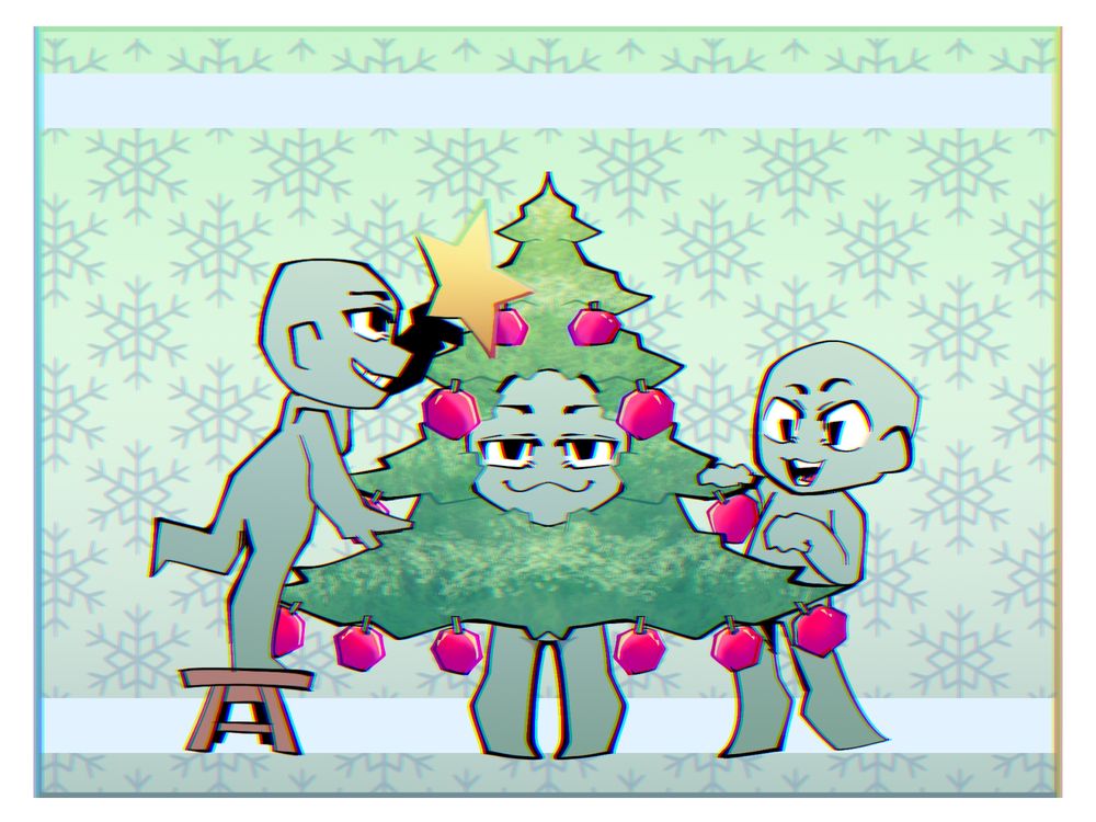 YCH (Your Character Here) of two characters decorating a christmas tree that can also be a third character in a costume!