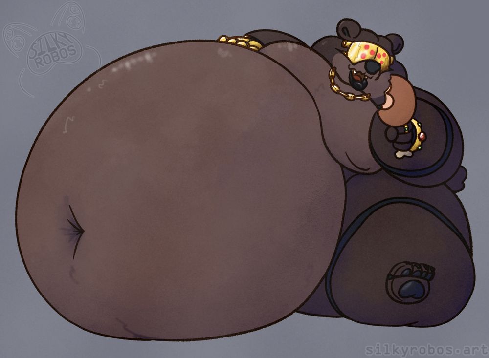 Artwork of a huge brown bear wearing golden goggles and eating a drumstick.