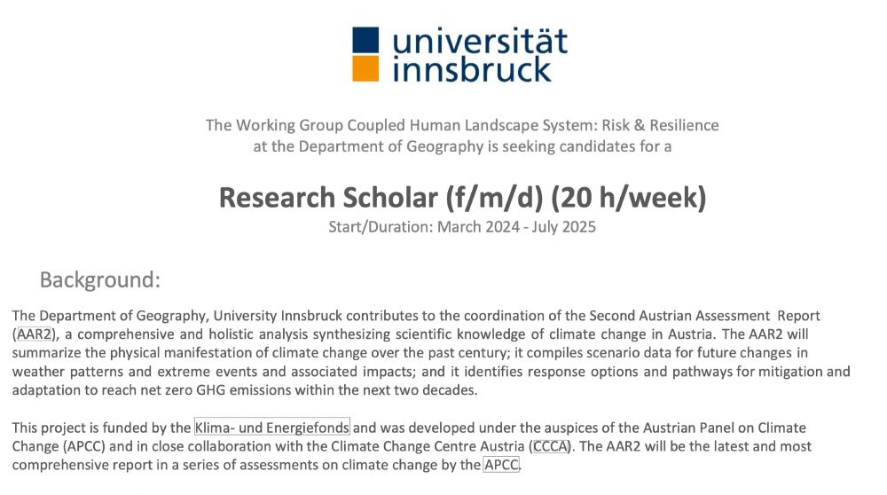 The Working Group Coupled Human Landscape System: Risk & Resilience at the Department of Geography is seeking candidates for a Research Scholar (f/m/d) (20 h/week), Start/Duration: March 2024 - July 2025