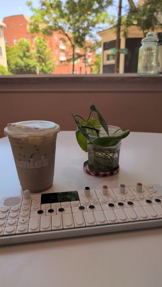 a picture of the table I'm sitting at, with a cup that reads "Jamie's Ice Cream Co", a small plant in a preserves jar and a synthesizer, with a lovely street level view of a smattering of trees in front of a building with very New England masonry
