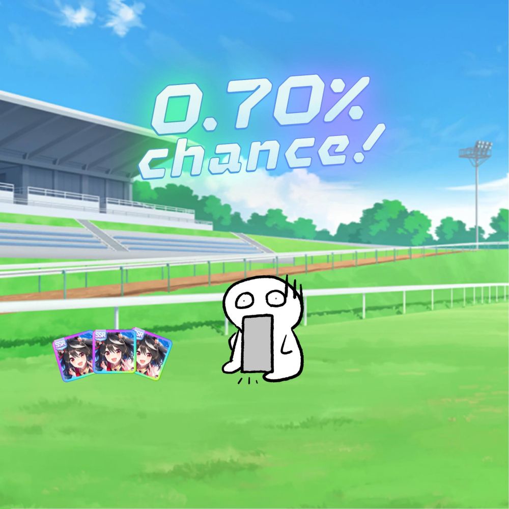 A small, poorly drawn character, jaw to the floor looking at three copies of a very sought after support card, Kitasan Black - above is text styled after in-game text, that reads "0.70% chance!"