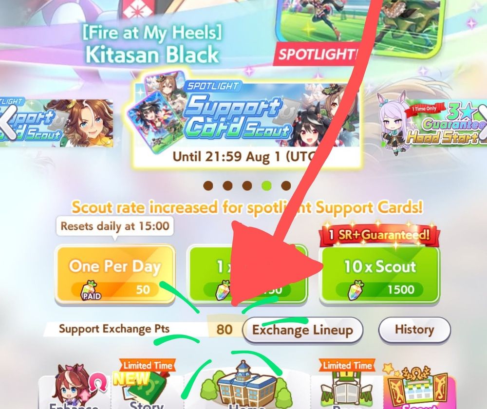 A screenshot of the Scout screen in Umamusume Pretty Derby, with the number of pulls highlighted: 80