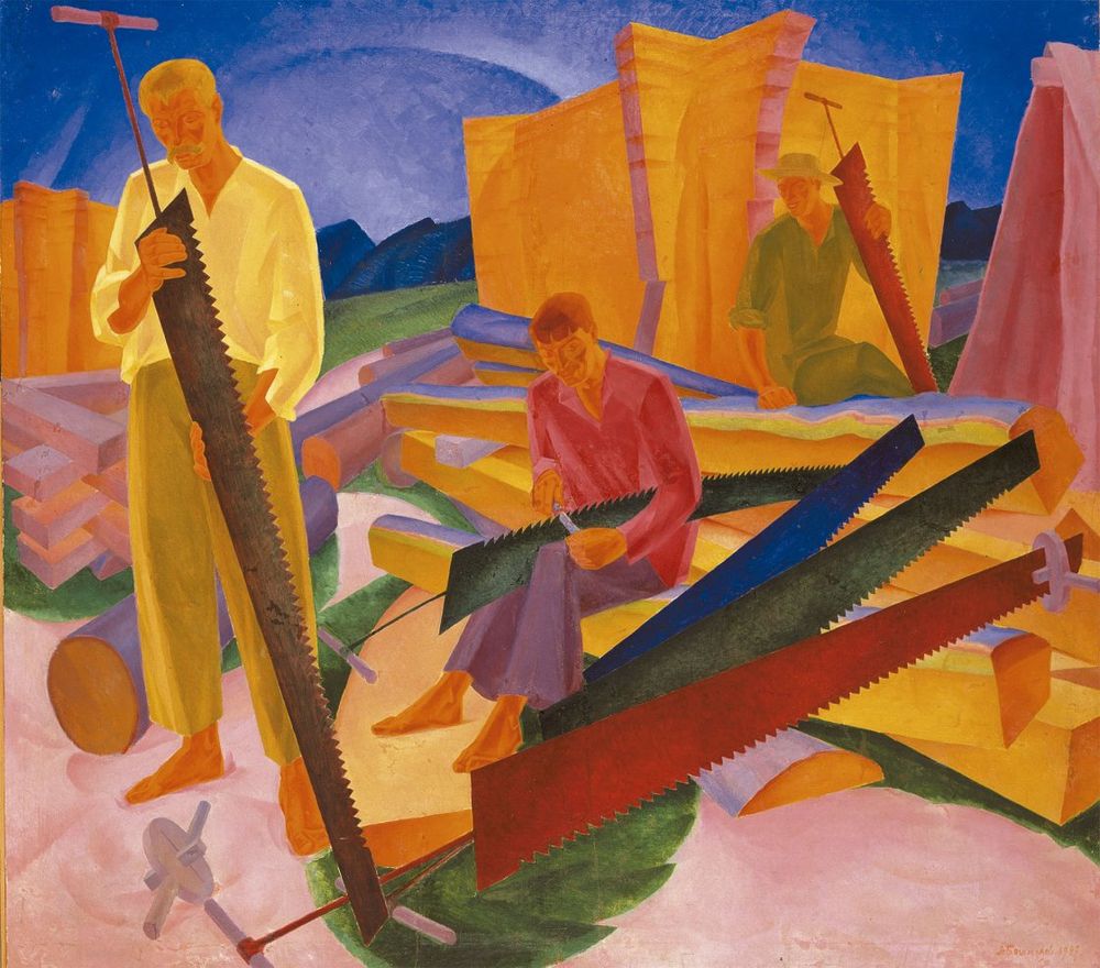 📷 Oleksandr Bohomazov, “Sharpening the Saws”, 1927, oil on canvas, 138 x 155 cm. Courtesy of the National Art Museum of Ukraine, Kyiv