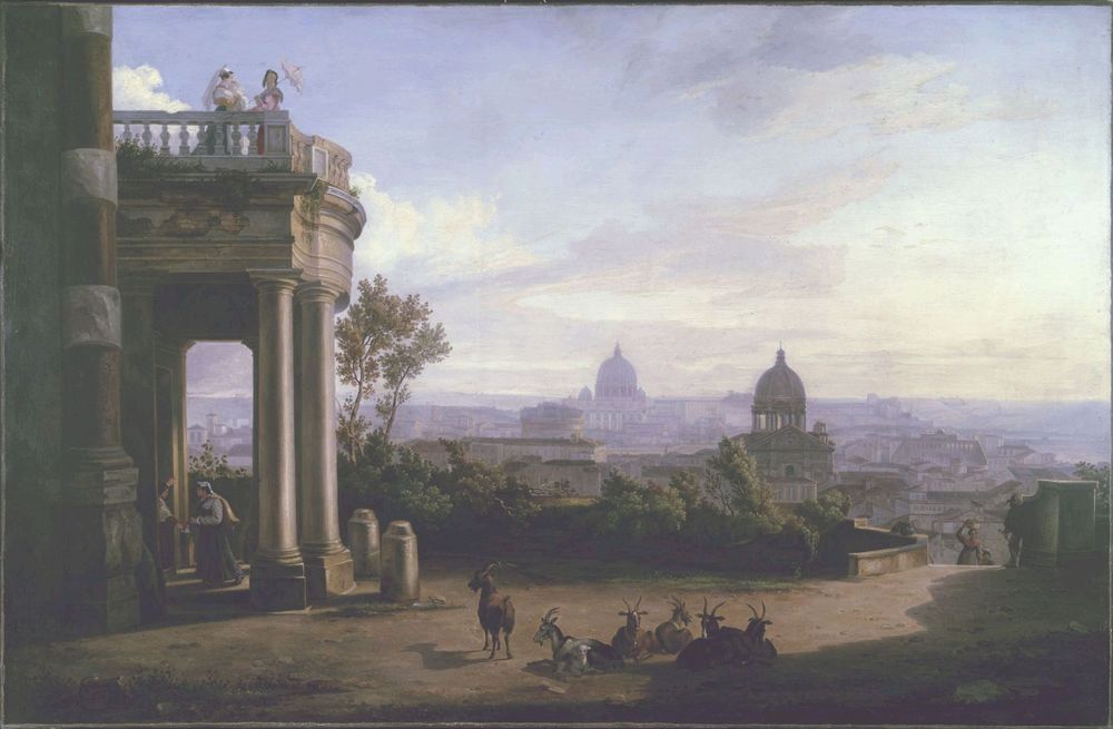 The painting shows a historical view of the Palazzo Zucccari in Rome.  Various female figures are talking to each other, enjoying the view of Rome and climbing the Spanish Steps. A group of goats graze in front of the entrance to Palazzo Zuccari.