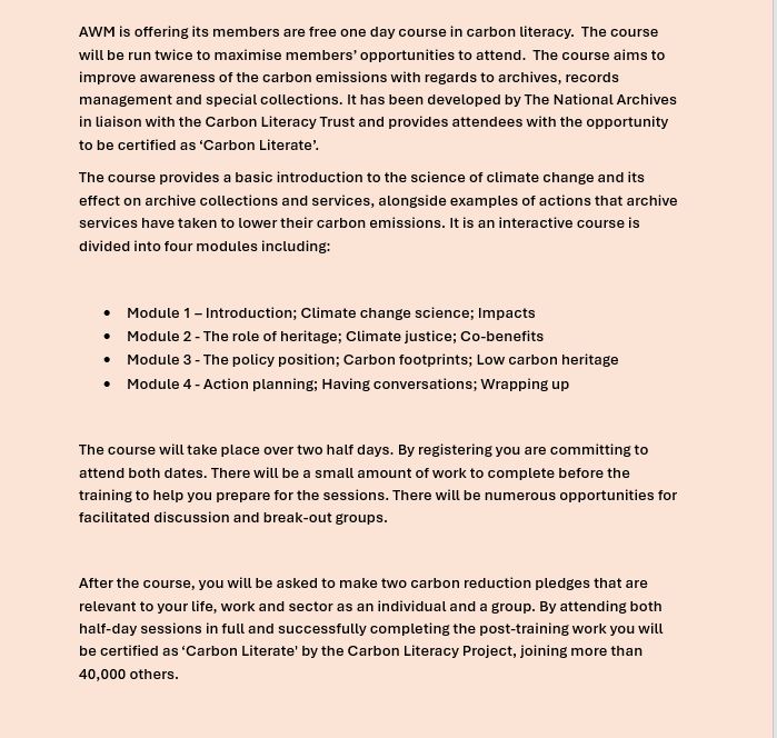 Flyer (pink background with text in black) details of free carbon literacy training for Archives West Midlands member services