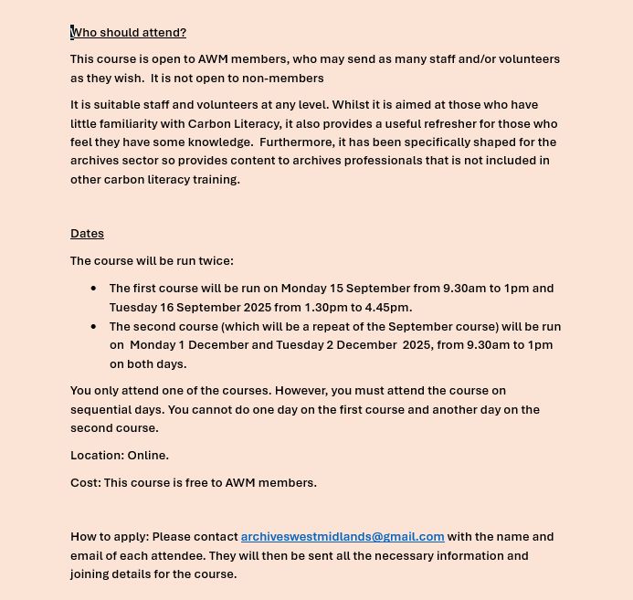 Flyer (pink background with text in black) details of free online carbon literacy training for Archives West Midlands members services