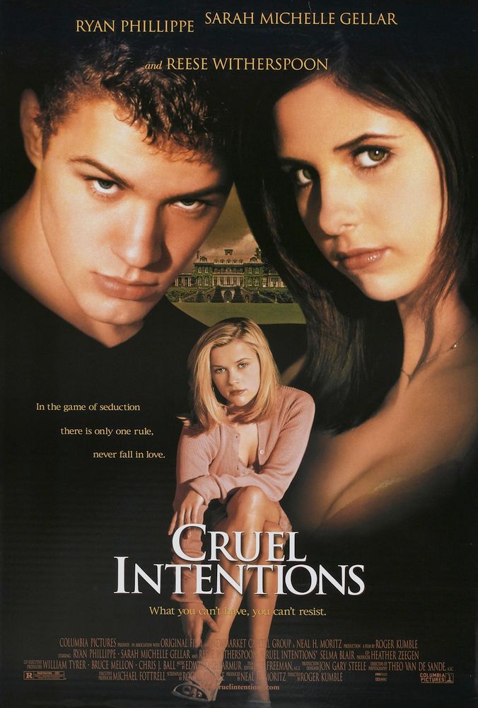 Movie poster for Cruel Intentions (1999) featuring Sarah Michelle Gellar, Ryan Phillippe, and Reese Witherspoon.