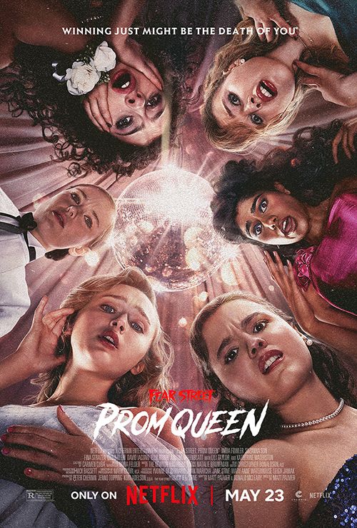 Poster for Fear Street: Prom Queen featuring the stars looking downward at the camera in a circle with a disco ball in the center of the image.