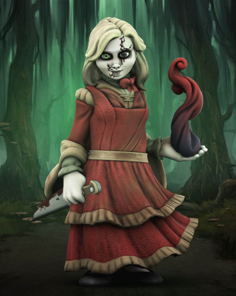 A HeroForge representation of Astra (Geppettin Warlock), a doll-like figure with cracks in her face and blond hair wielding a bloody knife and a cloud of magic in an ominous-looking forest setting.