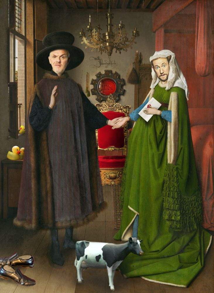 The Arnolfini Portrait by Van Eyck adjusted to feature Greg Davies and Alex Horne with Taskmaster UK details throughout