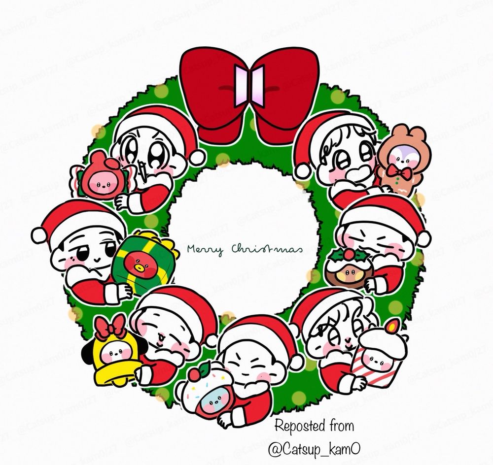 Illustration of a wreath featuring cartoon images of the seven members of BTS, each holding a gift based upon their self-created BT21 characters and including the words “Merry Christmas” written in the wreath’s center space. Original artwork reposted from Twitter/X account @Catsup_kam0