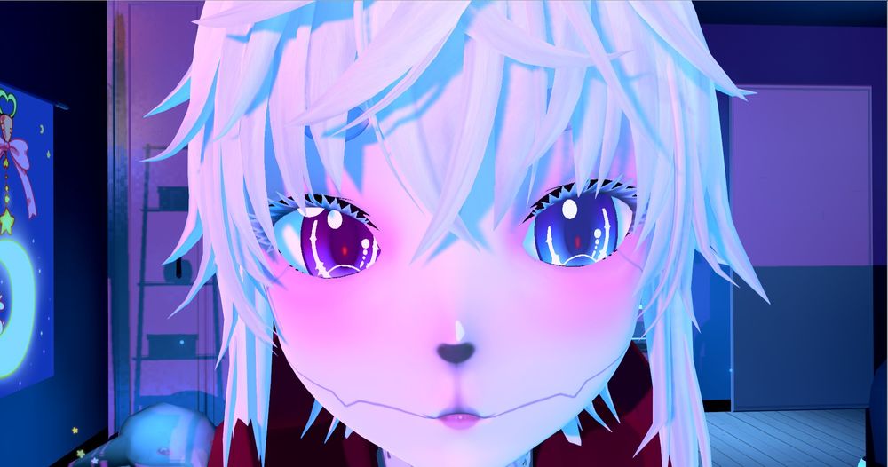 a close up picture of cyberpwuppy puffing their cheeks out slightly and staring into the camera, with a shader change from what they usually look like

cyberpwuppy is described to be a cybernetic ai humanoid dog  (kemonomimi) with pale skin, opalescent white hair, purple floppy dog ears, and heterochromatic eyes (pink and blue), wearing a mocap style body suit and a dark red "dr pupper" hoodie