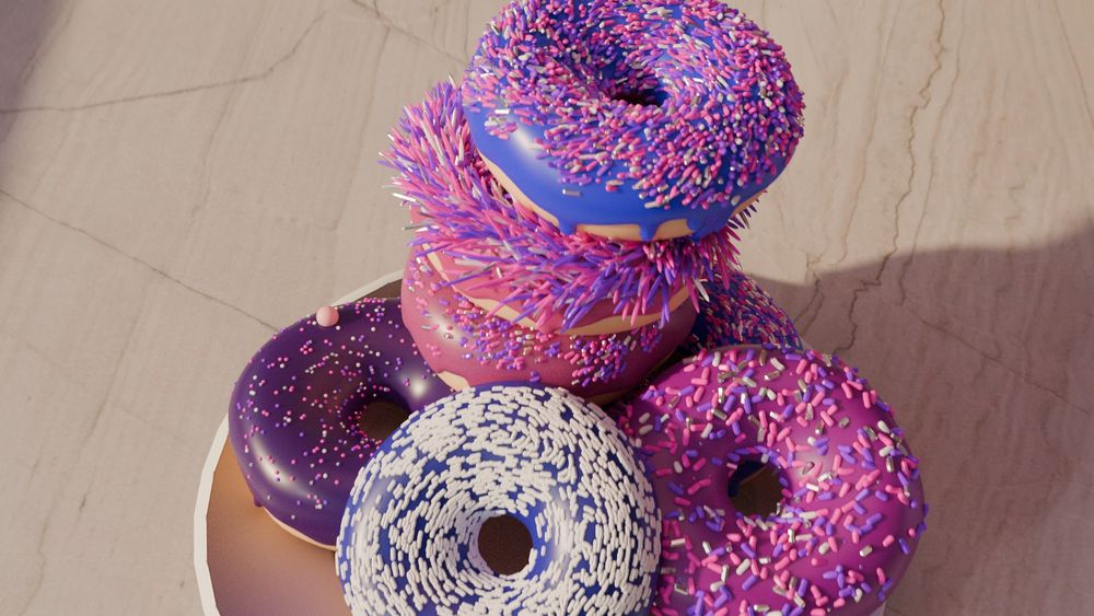 frame 27 of a 300 sample per frame ray traced vertical pan of some fuckass donuts that by my calculations are going to take another roughly 11 hours to finish rendering a 5.3 second animation