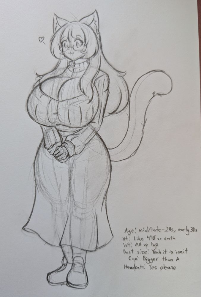 Age: in the range of mid-20s to early 30s
Height: Like 4'10" or smth
Weight: All up top
Bust size: yeah it is innit
Cup size: Bigger than A
Headpats: Yes please