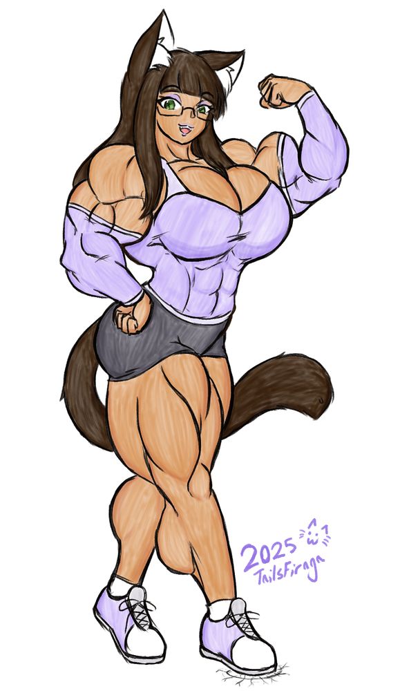 A very buff catgirl flexes an arm while looking at you, the viewer who she finds a cutie patootie.