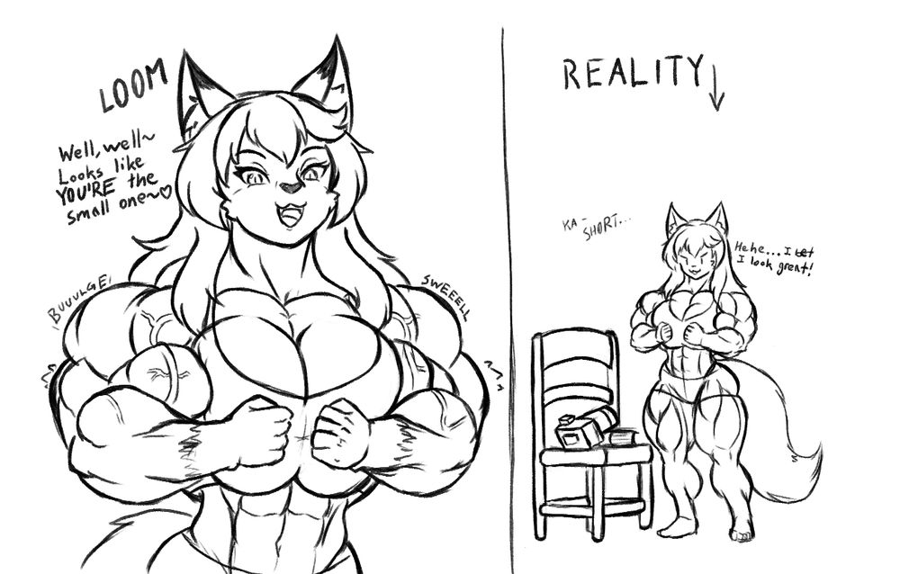Milli LOOMs over her prey, taunting "Well, well~ Looks like YOU'RE the small one~ <3", her arms BUUULGE-ing and SWEEELLing the whole time.

...In reality though, she can't really tower over anyone that isn't sitting down so she's enlisting the help of some movie magic. But at least she's confident that she looks great.