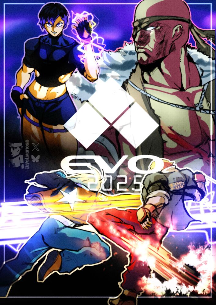 Poster-styled drawing of Terry, Ken, Reina and Sagat for EVO 2025 Las Vegas