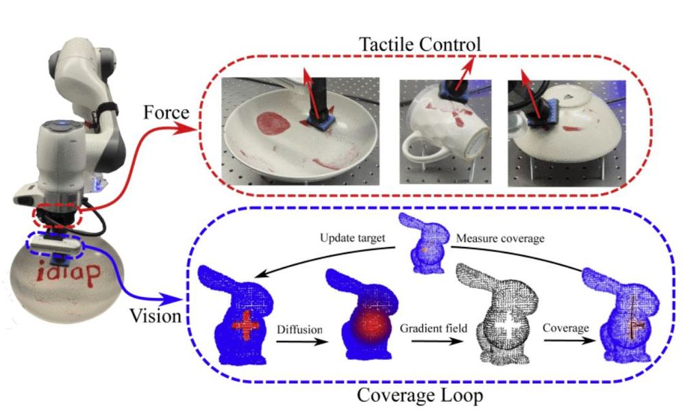 Overview of our feedback control method for tactile coverage. Left: We measure the surface and the red target using the camera and encode them in a point cloud. Bottom-right: We diffuse the target and use its gradient field to guide the coverage. Then, we close the loop by measuring the actual coverage with the camera and use it as the next target. Top-right: We measure the tactile interaction forces using the force sensor and the tool orientation using the joint positions. We solve the geometric task-space impedance control problem using a line target and a force target along the line.