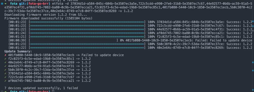 Output of a CLI being done updating the firmware of eight IoT devices concurrently, with seven successes and one failure