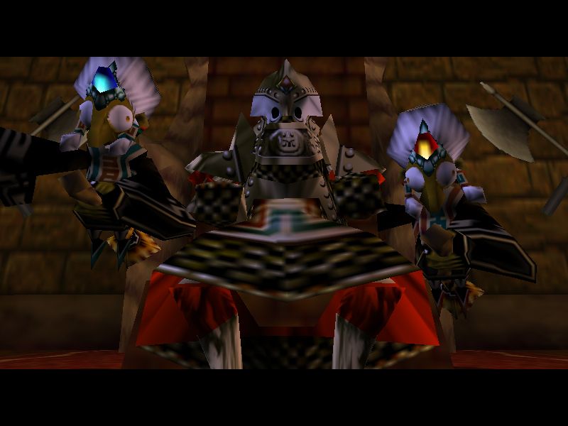 Koume and Kotake hover around a possessed Nabooru in Iron Knuckle armor in Ocarina of Time.