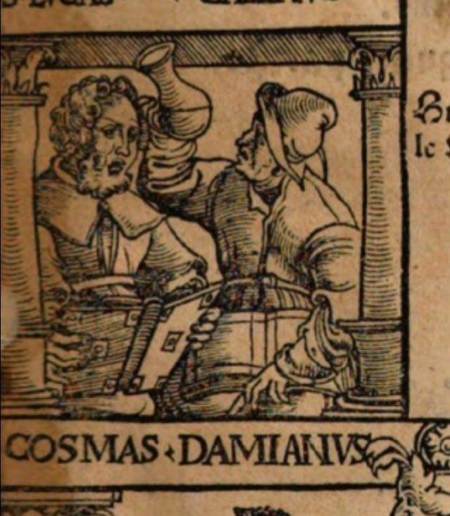 Image of Saints Cosmas and Damian with typical attributes. Cosmas is holding a book and Damian is holding up and examining a jar of urine