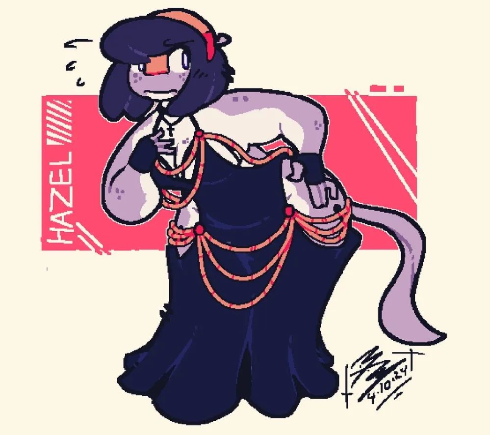 drawing of hazel looking flustered in a black dress with gold chains