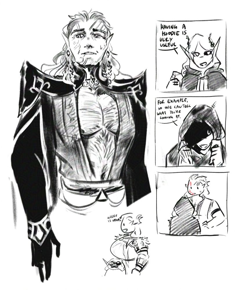 black and white doodle of halsin in a black outfit revealing his chest. on the right is a comic of Xeha wearing a hood to stare at Halsin's chest. The bottom is Halsin with an exaggerated chest, hiding xeha who is standing underneath it.

[text]
(right side)
xeha: Having a hoodie is very useful
Xeha: For example, no one can tell what you're looking at.

(bottom)
Halsin: where is Xeha?