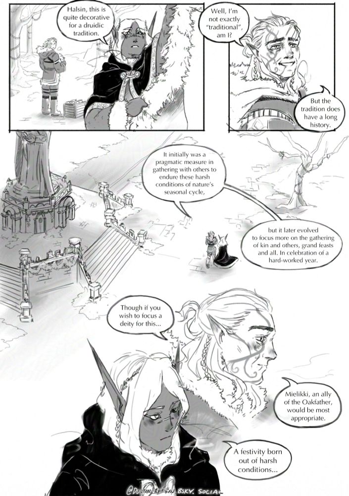 halsin and drow tav decorate the town of Reithwin town, discussing the winter festival's history 