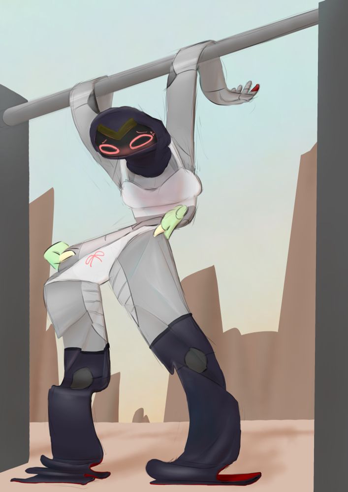 Aadhya hung over a metal rack in the badlands