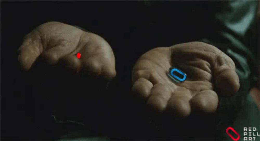 a person holding a red and blue pill in their palms