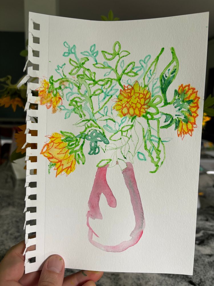 It’s a watercolor pencil drawing of sunflower type flowers and it’s a hand that’s holding it up could it be your hand 