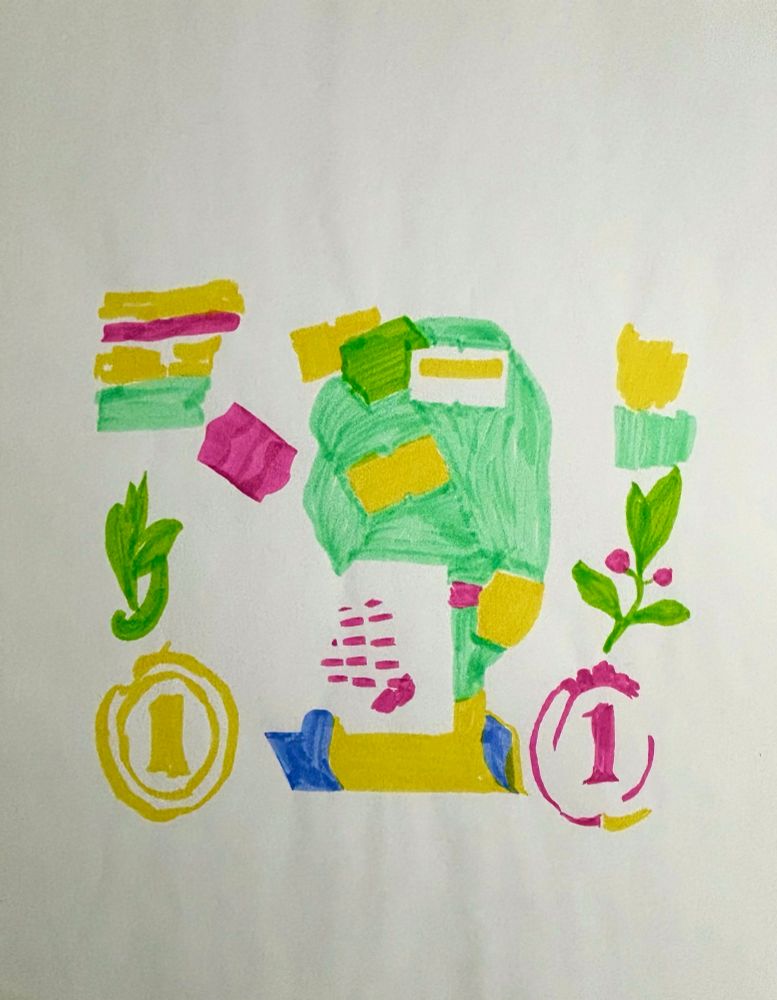 Colorful marker drawing of simplified elements from a $1 bill and price stickers in lime greens, yellow, blue and pink