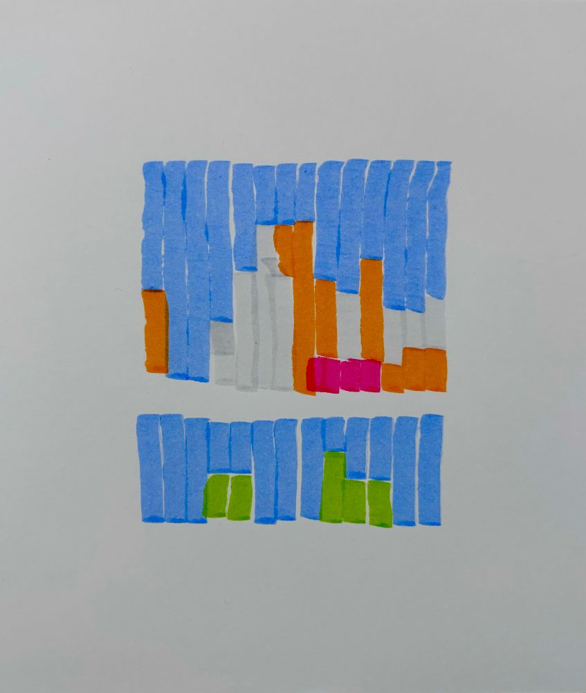 Abstract colorful brush pen drawing of a skyline seen from a window