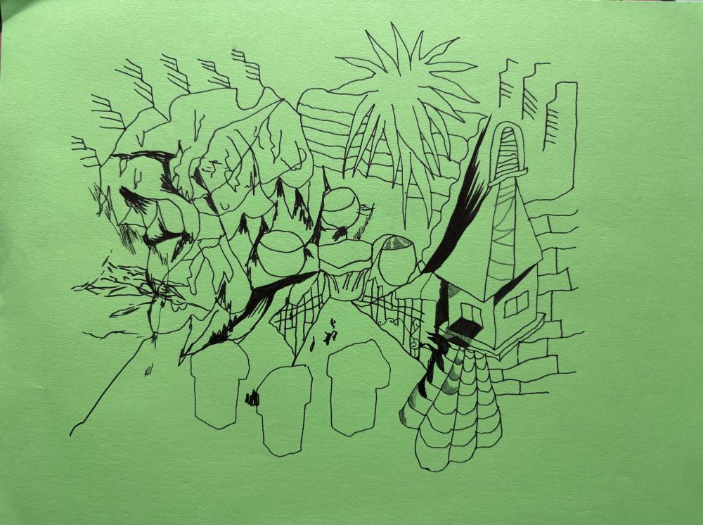 Pen and ink drawing of uhh Los Angeles garbage spiderweb meltdown not sure exactly it’s abstract but it’s not