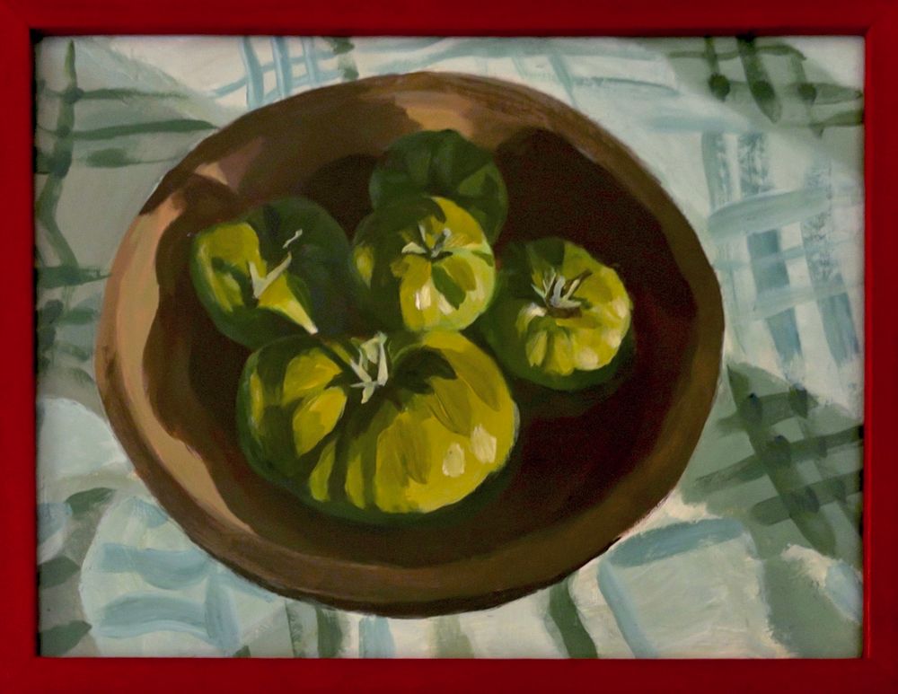 In the second person tense, you made a painting of green tomatoes in a wooden bowl on a white and green tablecloth surrounded by a red frame