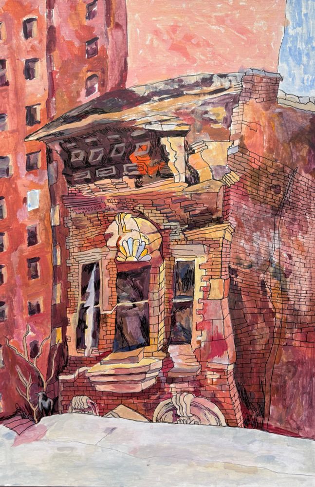 An acrylic and ink painting and/or drawing of a wiggly brownstone building  